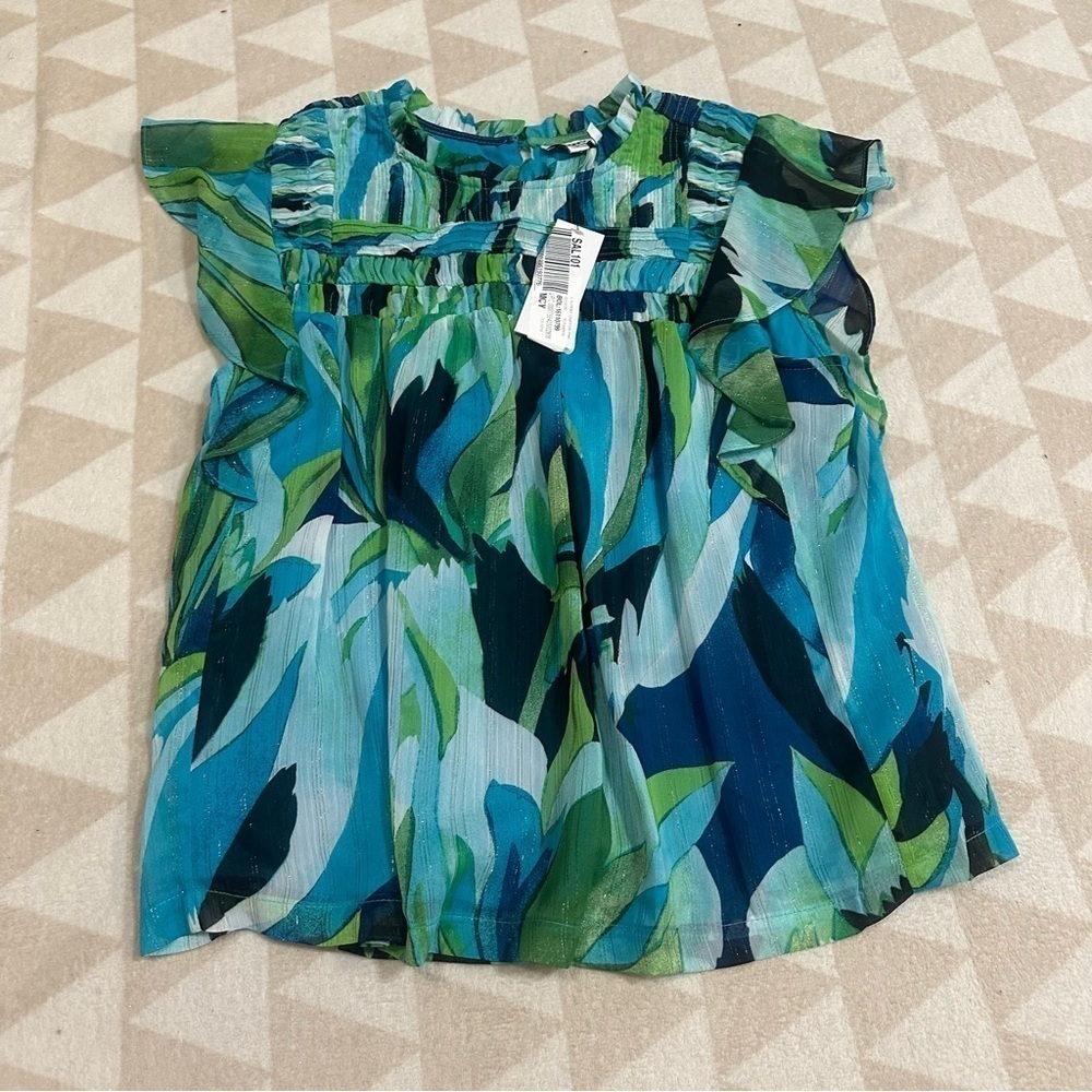 DKNY Abstract Print Paneled Chiffon Top green blue